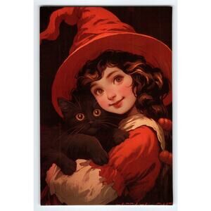 Vintage Halloween Photochrome Postcard Girl with Black Cat & Witch Hat